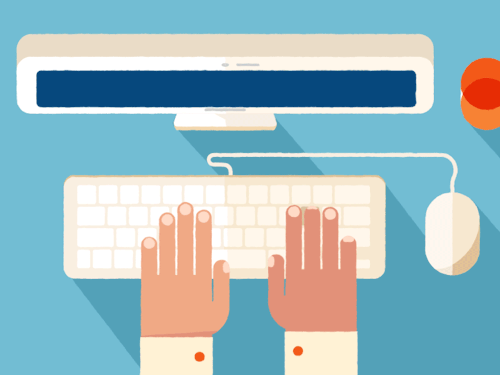 Animação com pessoa digitando no teclado, exibindo somente as mãos, para ilustrar o fórum de dúvidas.